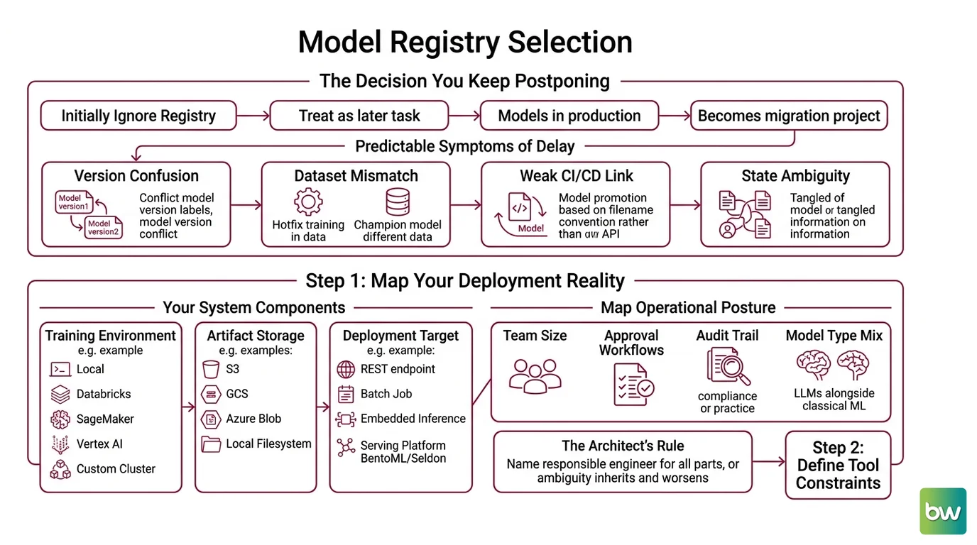 Flowchart mapping team profiles (cloud commitment, tracking tool, team size) to the correct model registry choice