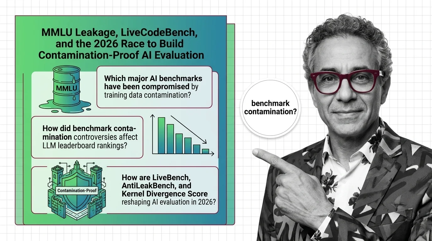 Cracked digital scoreboard with benchmark rankings dissolving into raw training data fragments