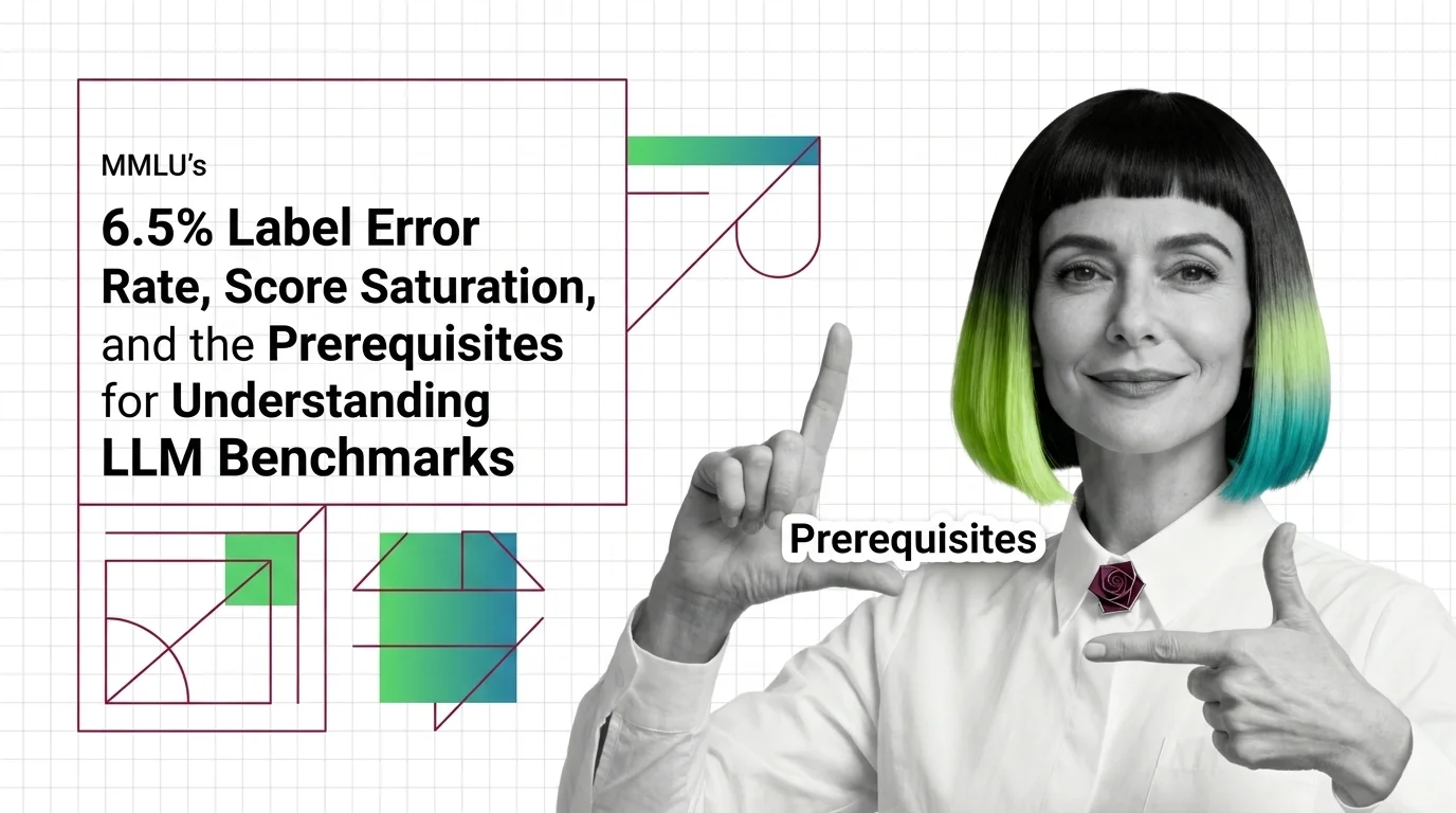 Fractured multiple-choice exam grid revealing label errors and score saturation in LLM benchmark evaluation