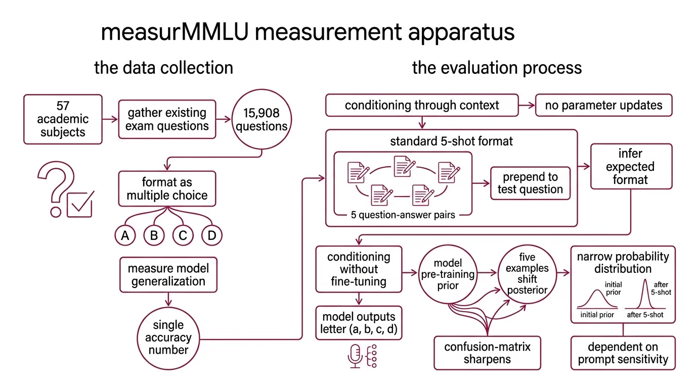 Side-by-side comparison of MMLU and MMLU-Pro showing answer options, error rates, prompt sensitivity, and score distributions
