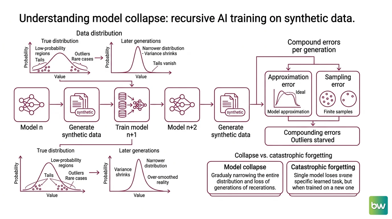 The three technical limits of synthetic data: recursive model collapse flattening distribution tails, the fidelity-privacy-utility trilemma, and outlier re-identification through membership inference