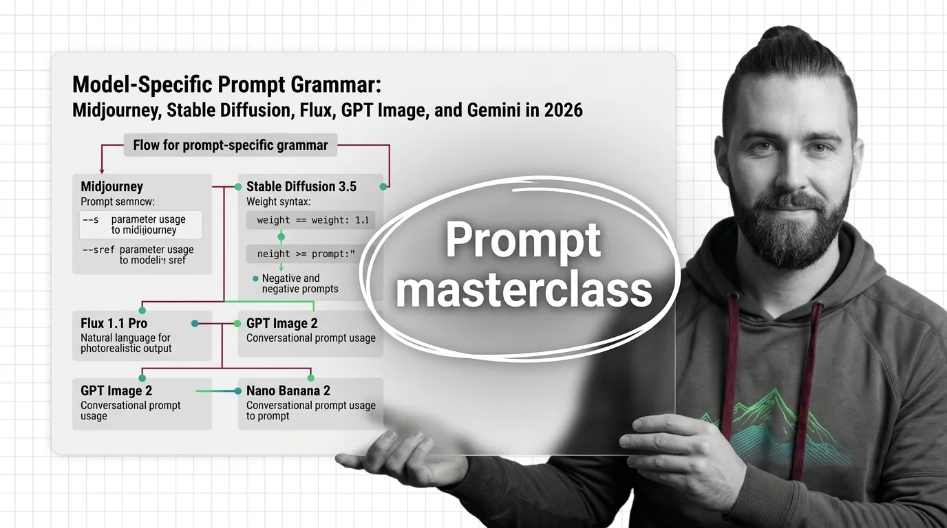 Spec sheet comparing prompt syntax across five image generation models with parameter flags, weights, and natural language structures