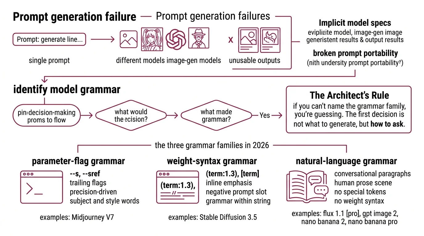 Side-by-side comparison of prompt grammar across Midjourney V7, Stable Diffusion 3.5, Flux 1.1 Pro, GPT Image 2, and Nano Banana showing parameter flags, weight syntax, and natural-language structure