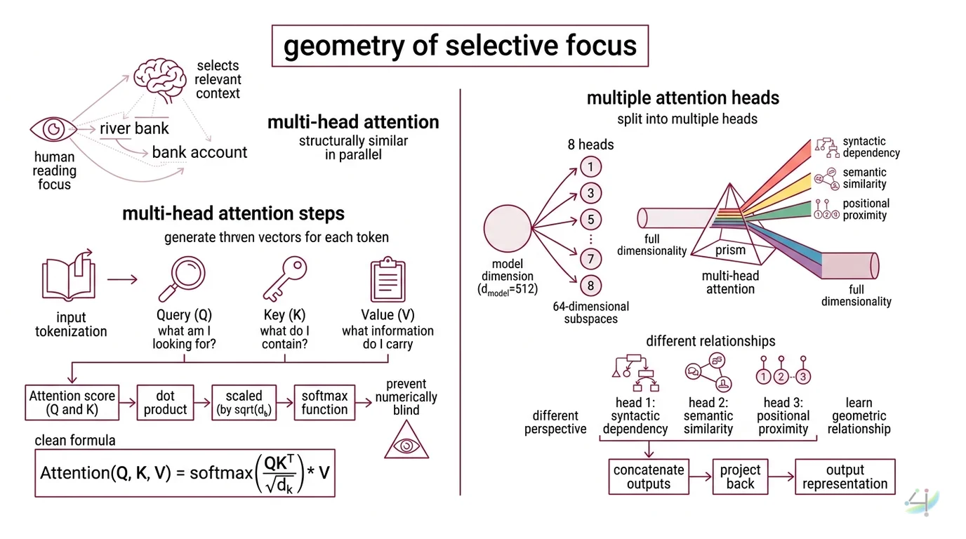 Diagram showing transformer components: multi-head attention splitting queries into parallel heads, sinusoidal positional encoding waves, and encoder-decoder information flow with cross-attention bridge