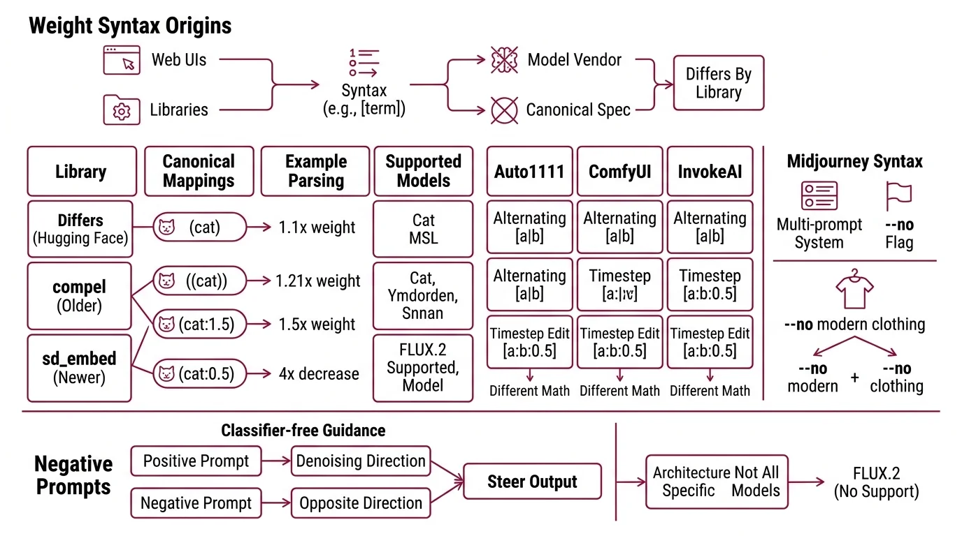 Diagram showing how a single prompt string is interpreted differently across Diffusers, Auto1111, Midjourney, FLUX, and GPT Image — through different parsers, encoders, schedulers, and seed pipelines