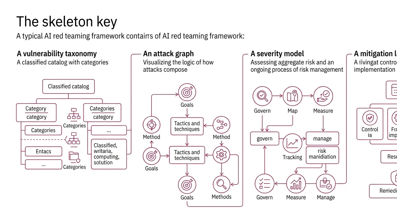 Diagram mapping OWASP LLM Top 10 categories and MITRE ATLAS tactics into a layered AI red teaming framework