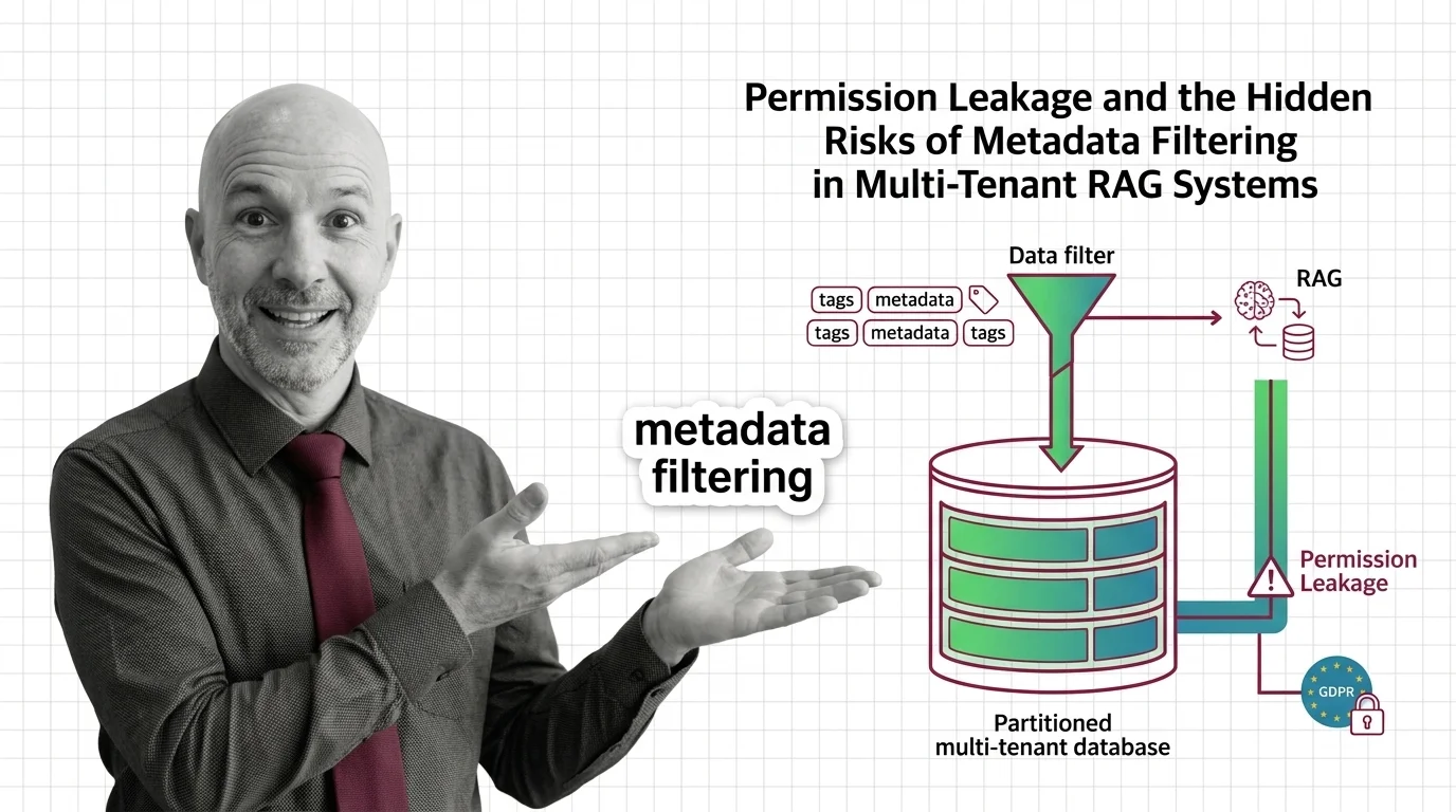 Two tenants sharing a vector database divided by a thin metadata line, with sensitive embeddings leaking across the boundary