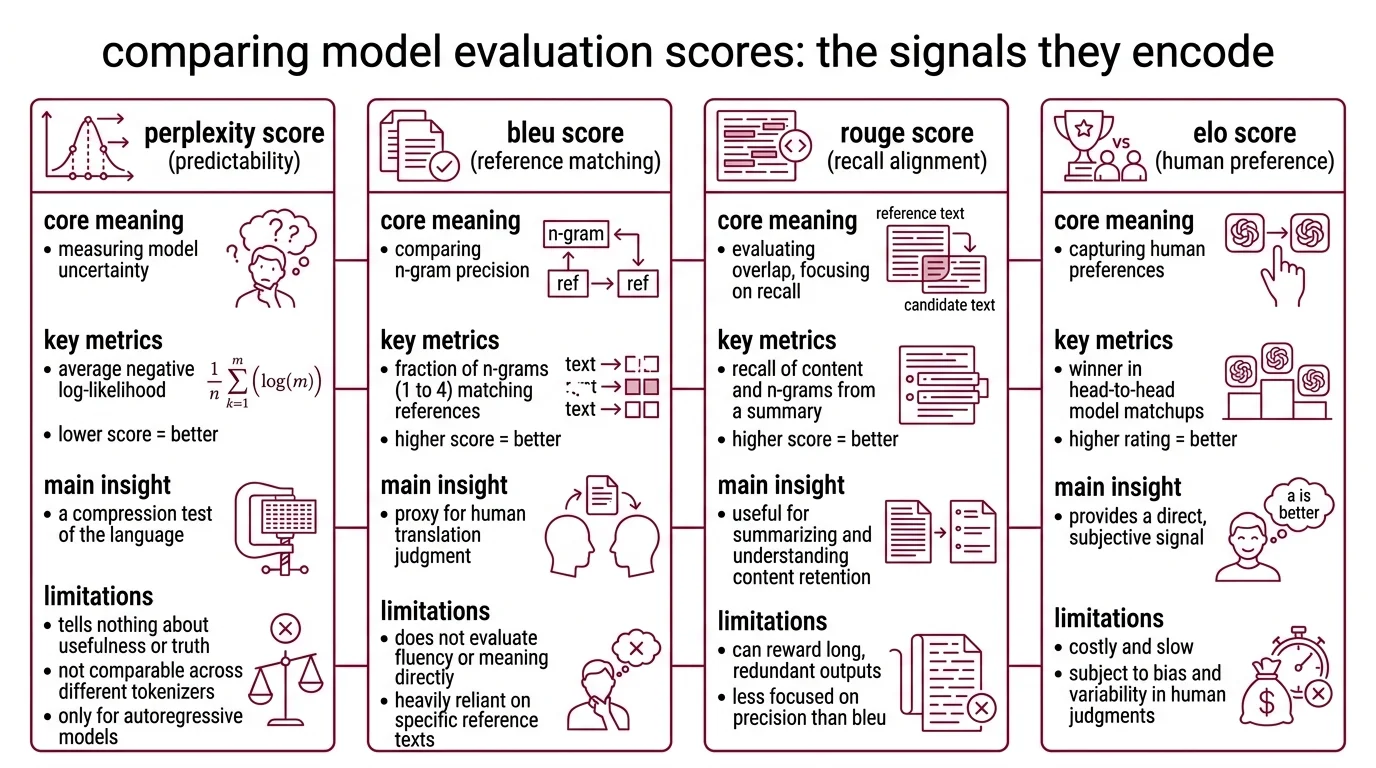 Comparison chart mapping perplexity, BLEU, ROUGE, and Elo to their measurement properties, best use cases, and structural blind spots