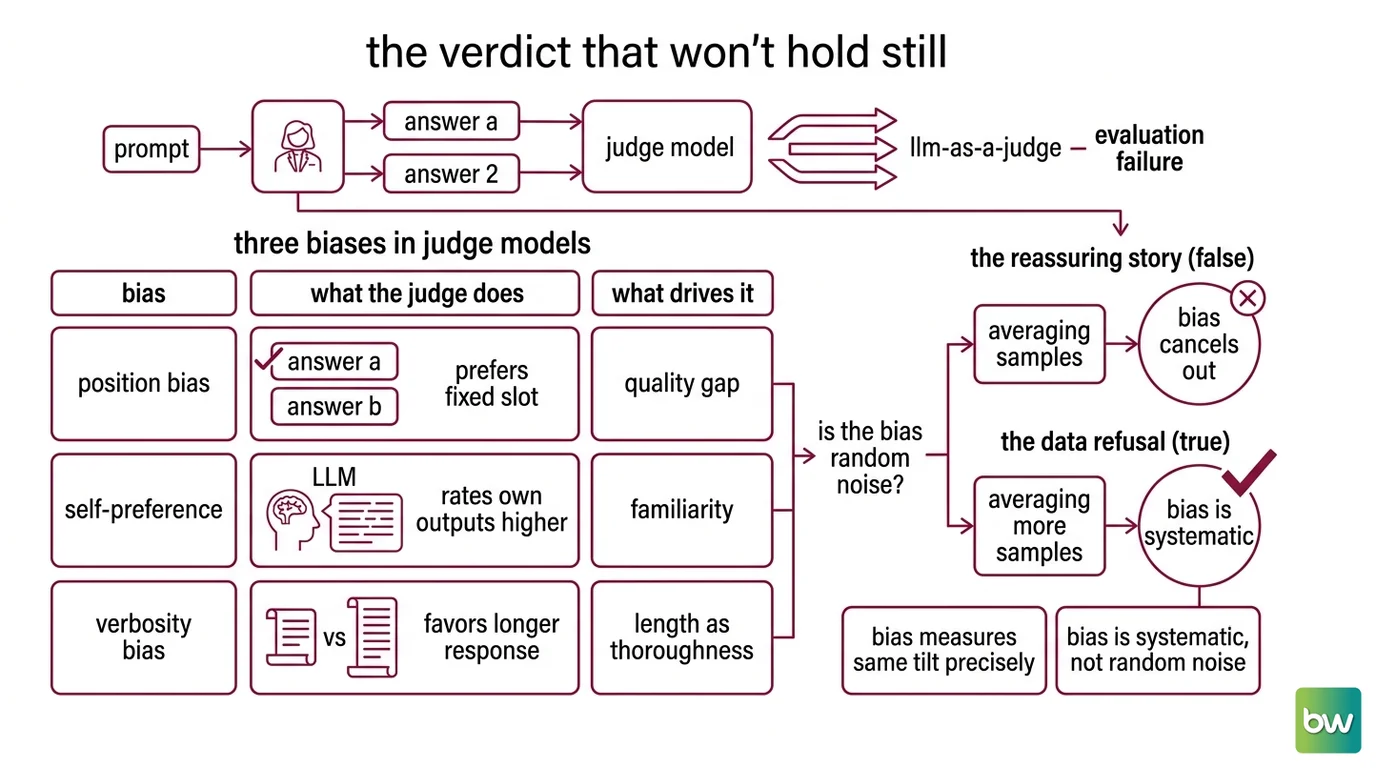 How an LLM judge's verdict flips when two answers swap positions, alongside the three main judging biases