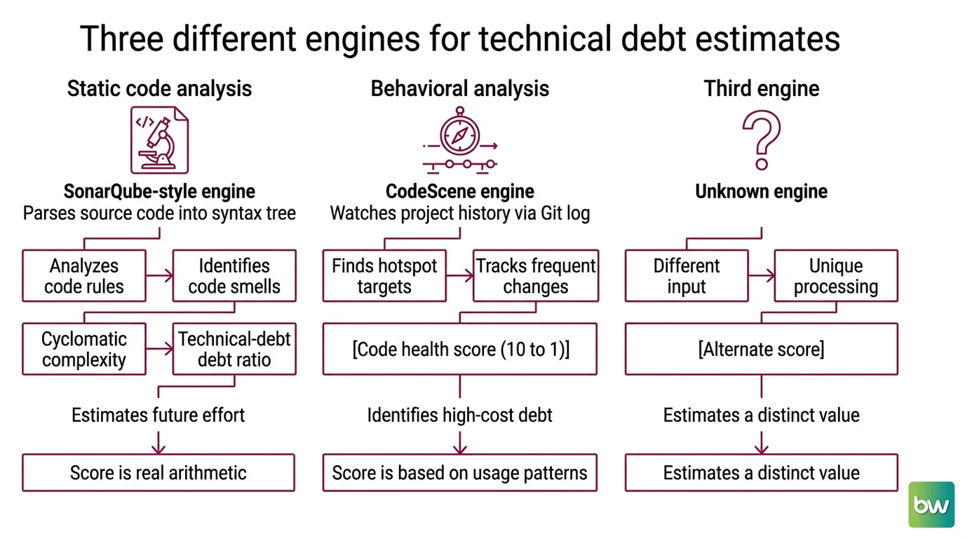 Comparison of rule-based, behavioral, and LLM-based engines for estimating technical debt and their distinct failure modes