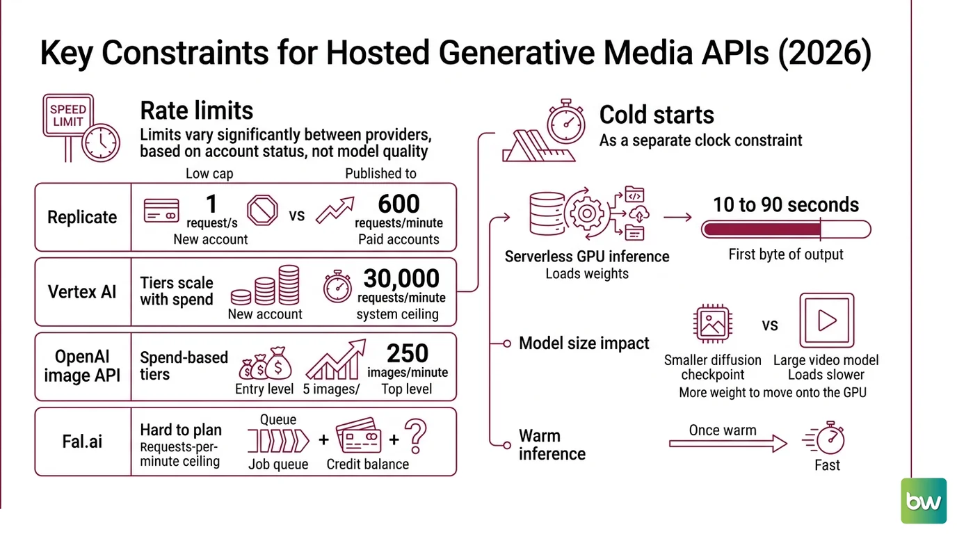 Diagram comparing synchronous API calls to the async queue, webhook, and retry pattern used by generative media APIs
