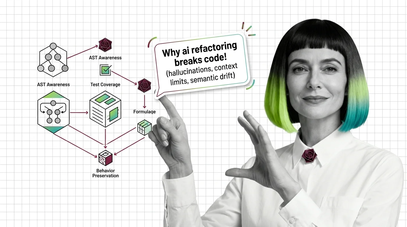 Diagram of AST structure, test coverage layers, and hallucination guardrails for AI-assisted code refactoring workflows