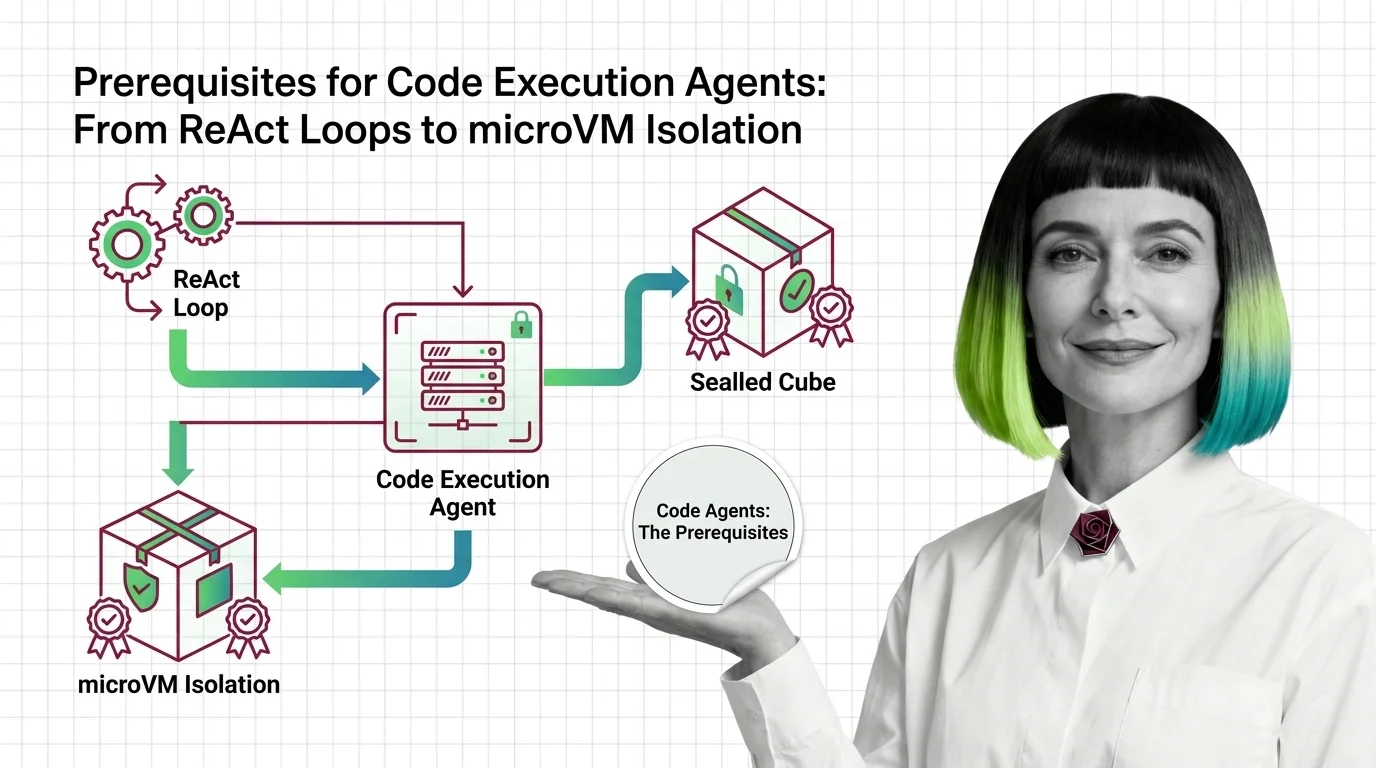 Layered diagram of an AI code-execution stack: reasoning loop, sandbox runtime, microVM isolation primitives.