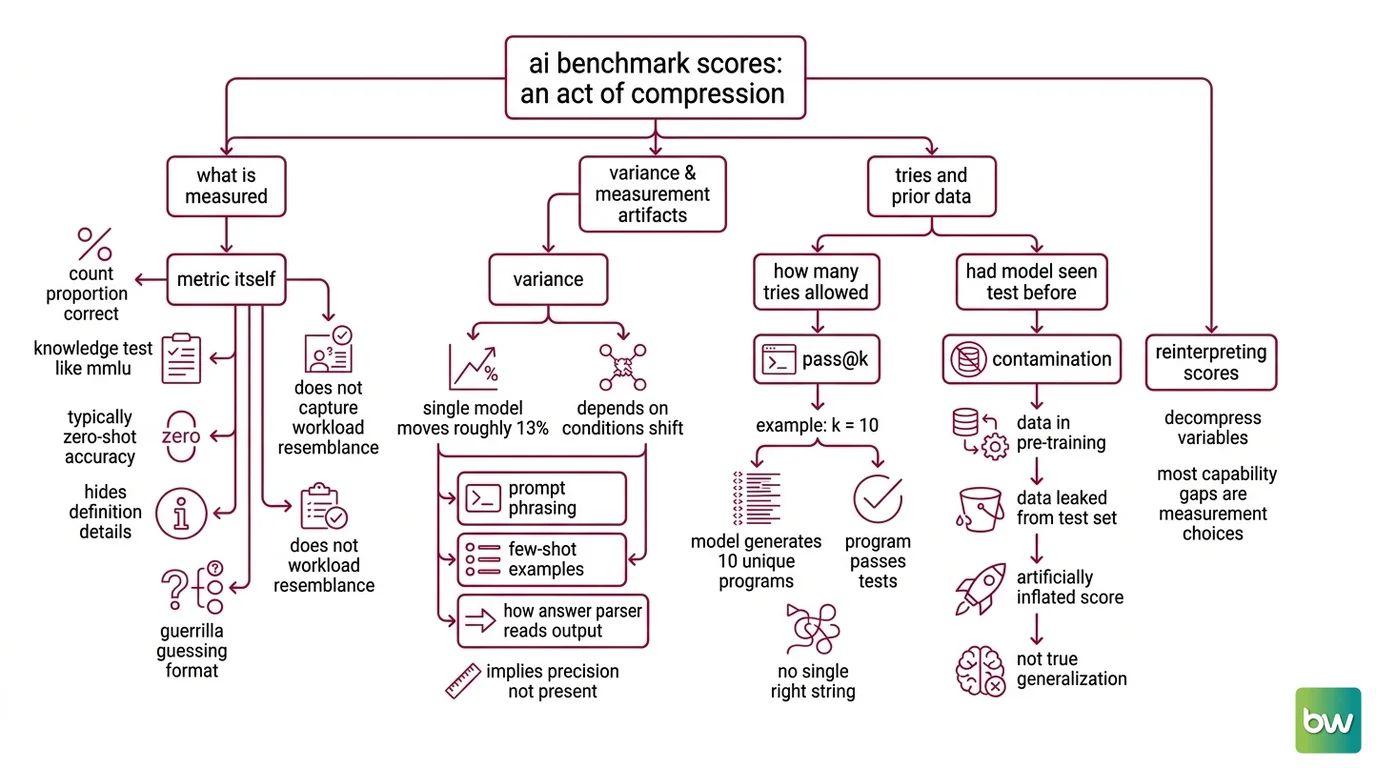 A single benchmark percentage decompressing into three layers: metric definition, pass@k sampling regime, and training-set contamination