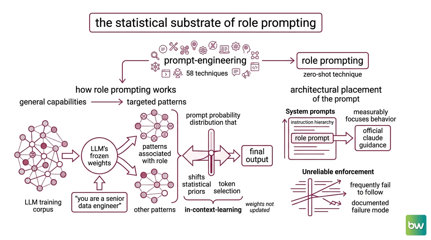 Diagram showing role prompting effectiveness split: alignment-dependent tasks (writing, advisory) improve with expert persona while accuracy-dependent tasks (math, factual) degrade or remain flat