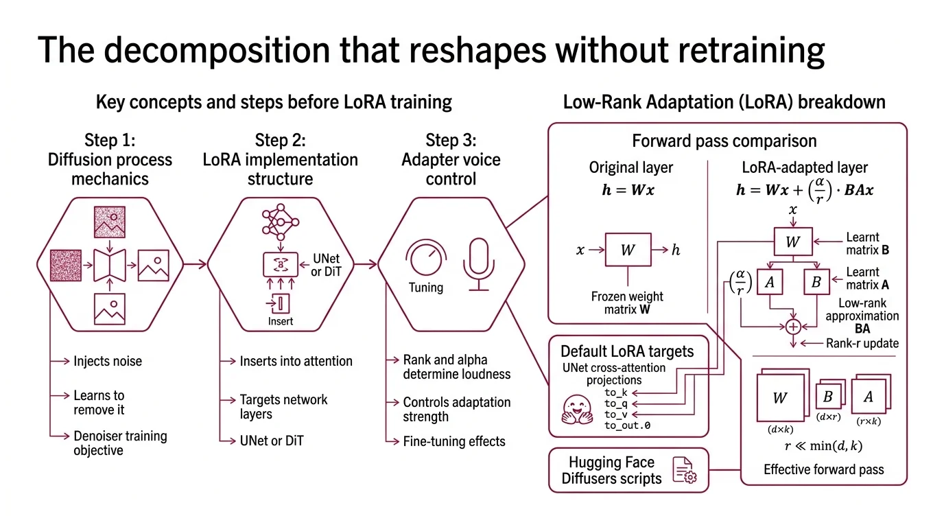 Diagram of rank-alpha relationship and VRAM ranges across SD 1.5, SDXL, and Flux LoRA training