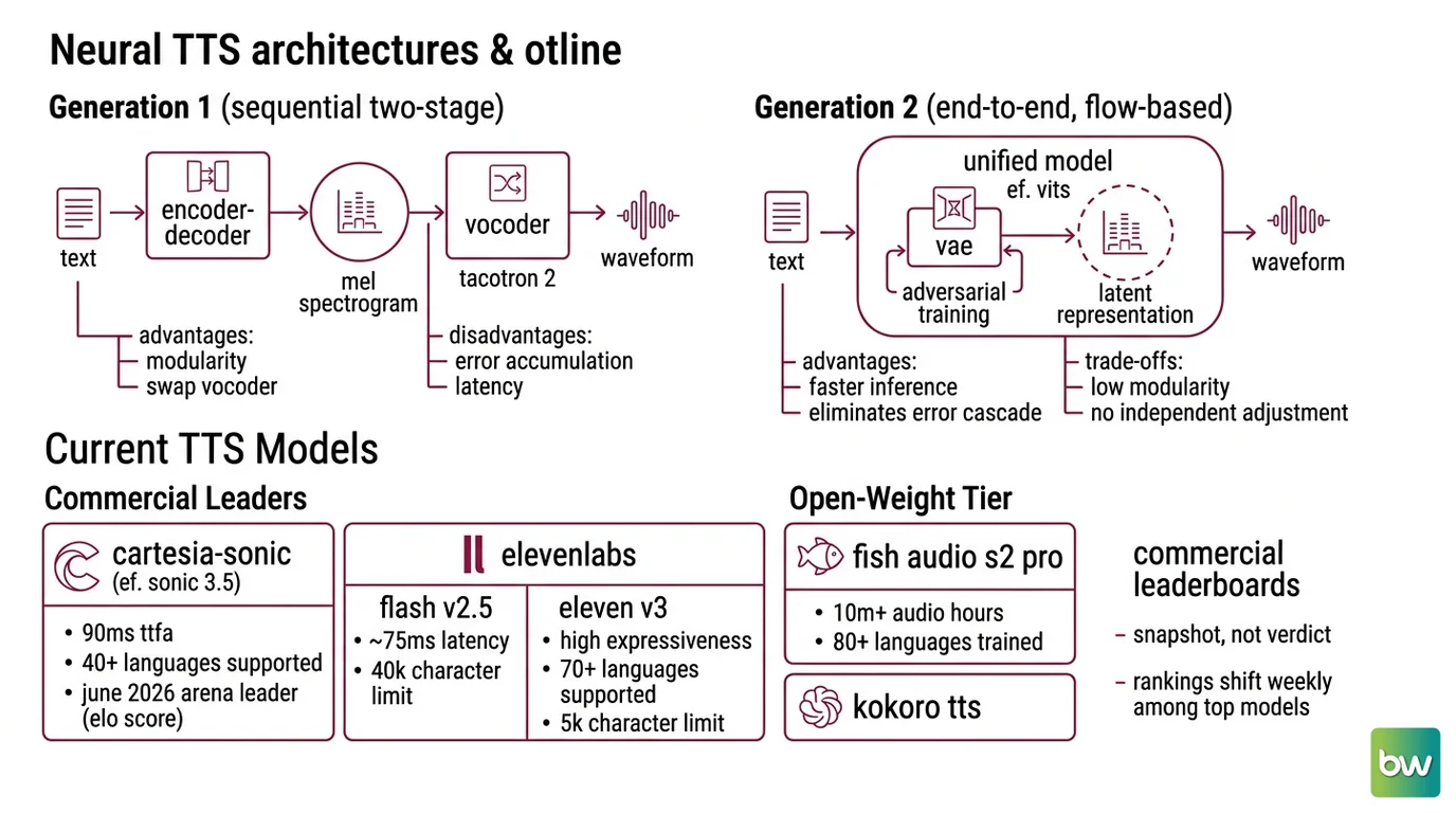 Side-by-side comparison of Generation 1 (two-stage Tacotron/WaveNet) vs Generation 2 (end-to-end VITS) TTS architectures, showing data flow and failure points