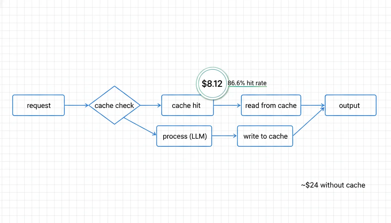 Line-art flow diagram of prompt caching — a request passes a cache check, hits read from cache while misses are processed by the LLM and written to cache, with the $8.12 vs ~$24 cost comparison