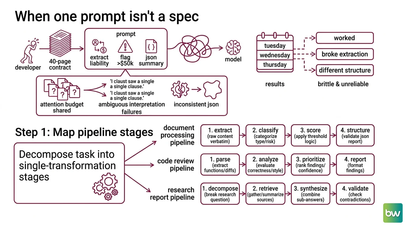 Diagram of a four-stage prompt chaining pipeline with gate checks between Extract, Classify, Score, and Report stages