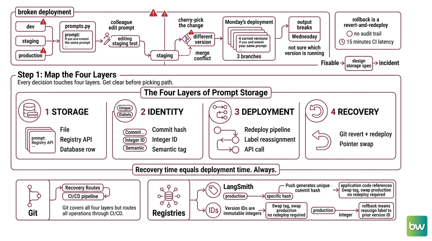 Decision flow for Git versus prompt registry showing four layers — storage, identity, deployment, recovery — with rollback path and timing for each option