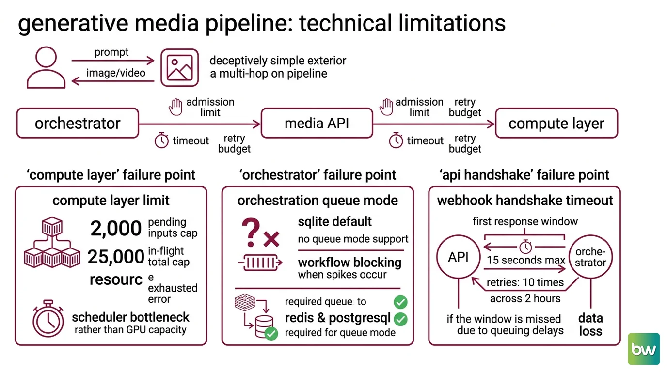 Flow diagram of a generative media request moving through orchestrator, API queue, and GPU compute, with timeout and retry windows marked at each hop