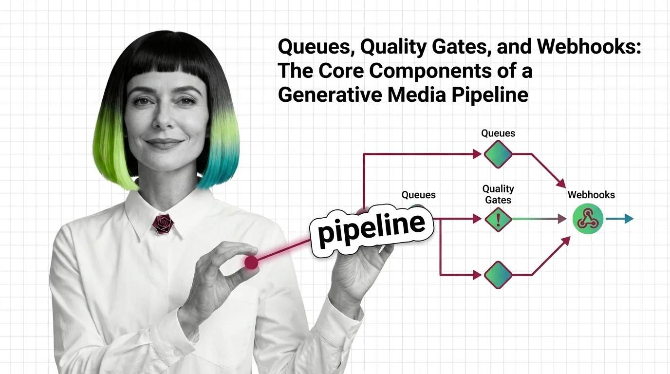 Diagram-style depiction of a job queue, quality gate, and webhook chaining an AI request into a finished asset