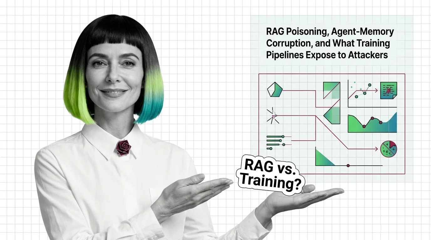 Data flow diagram showing poisoning vectors entering AI systems through training pipelines, RAG corpora, and agent memory