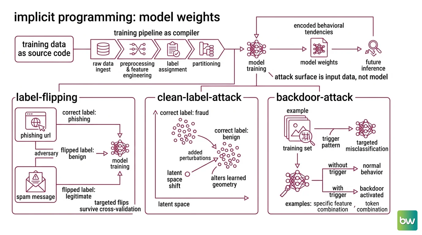 Three-layer diagram showing training pipeline, RAG corpus, and agent memory as distinct attack surfaces with different timing, access requirements, and remediation strategies