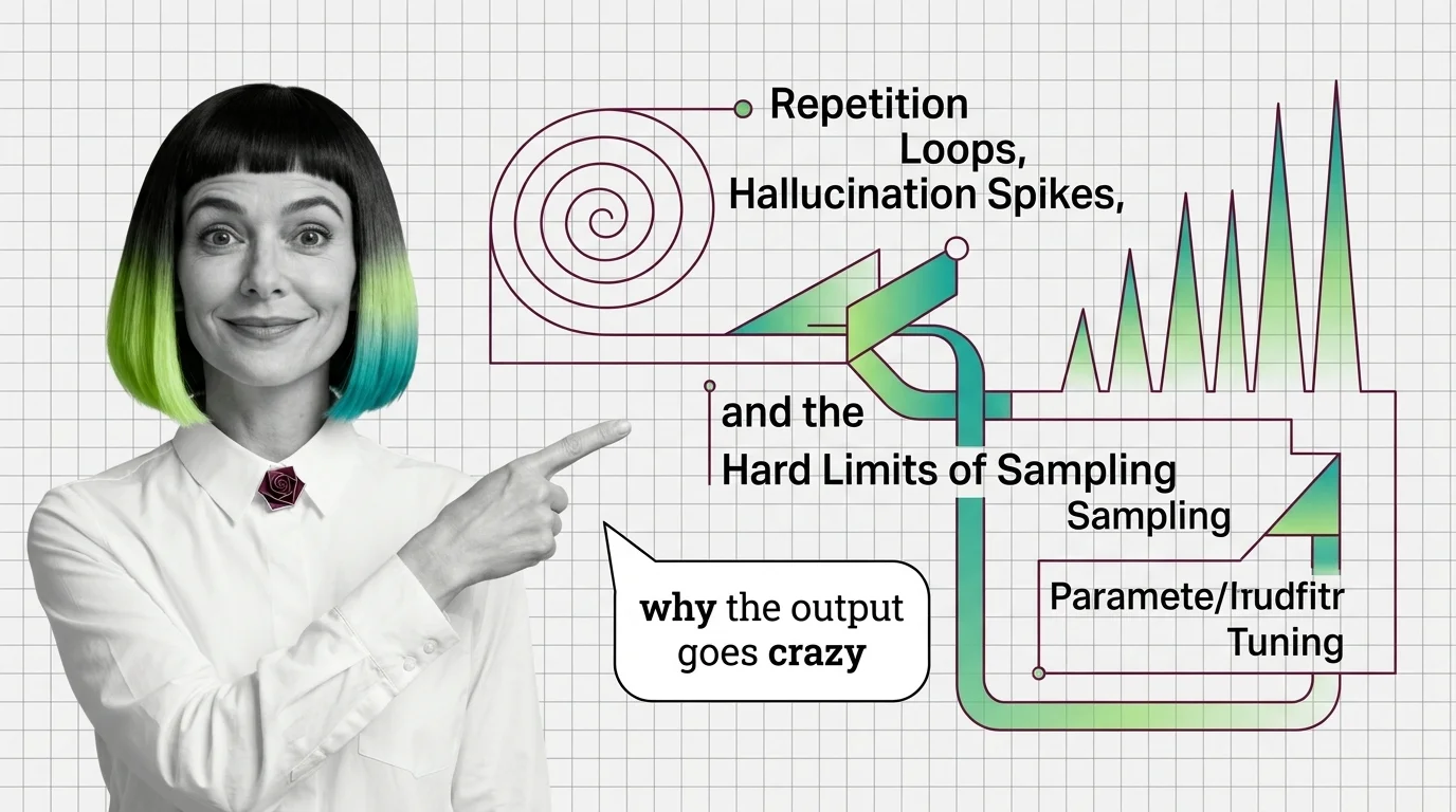 Probability curves shifting between sharp peaks and flat noise as a temperature dial moves between repetition and hallucination zones
