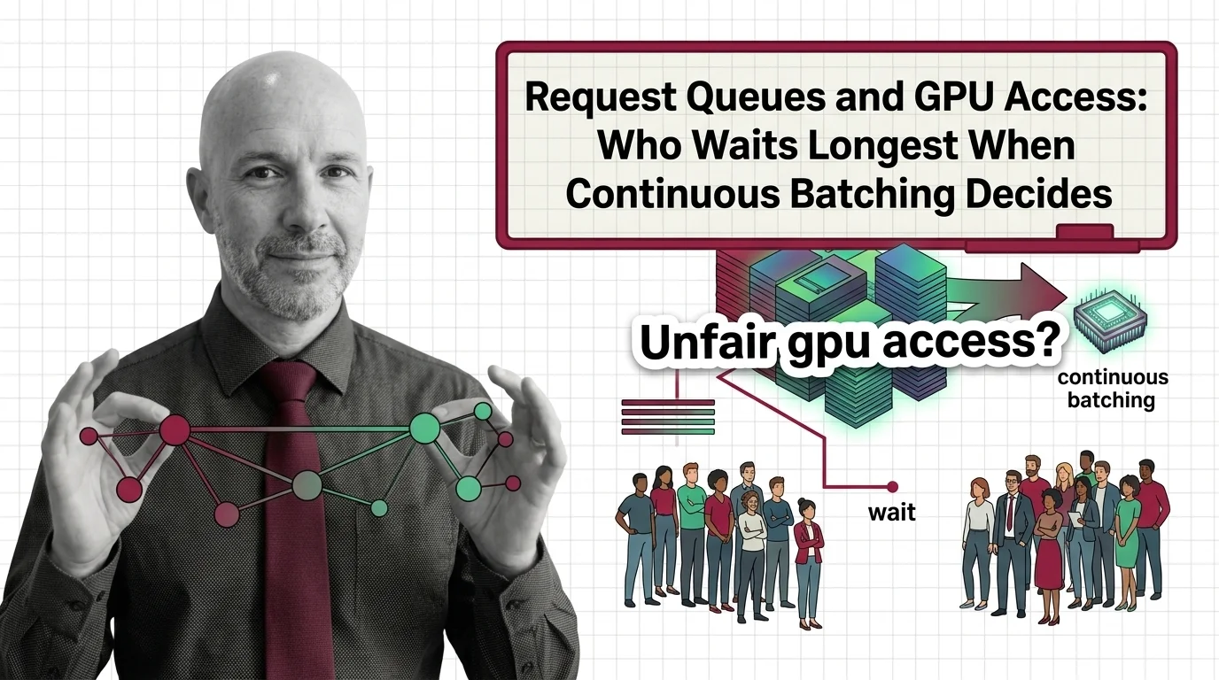 Abstract queue of diverse requests converging on a single illuminated GPU, some requests fading into shadow