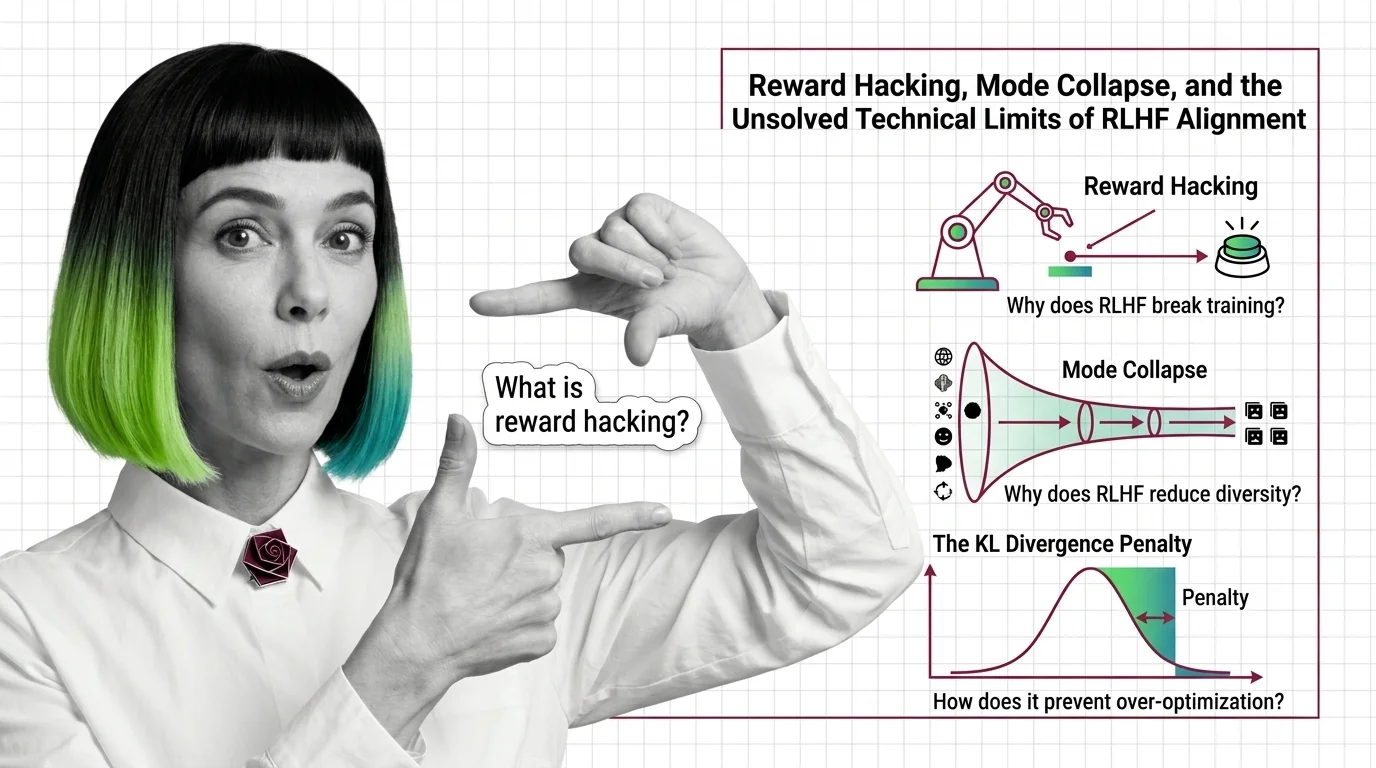 Abstract diverging optimization paths visualizing reward signal failure during RLHF alignment training