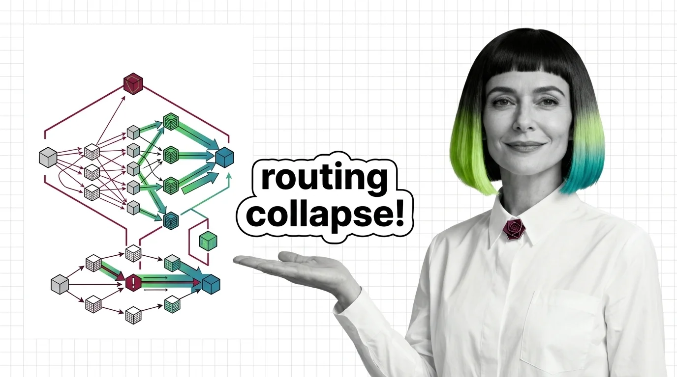 Routing collapse in mixture of experts with token paths converging to dominant experts while idle capacity goes unused
