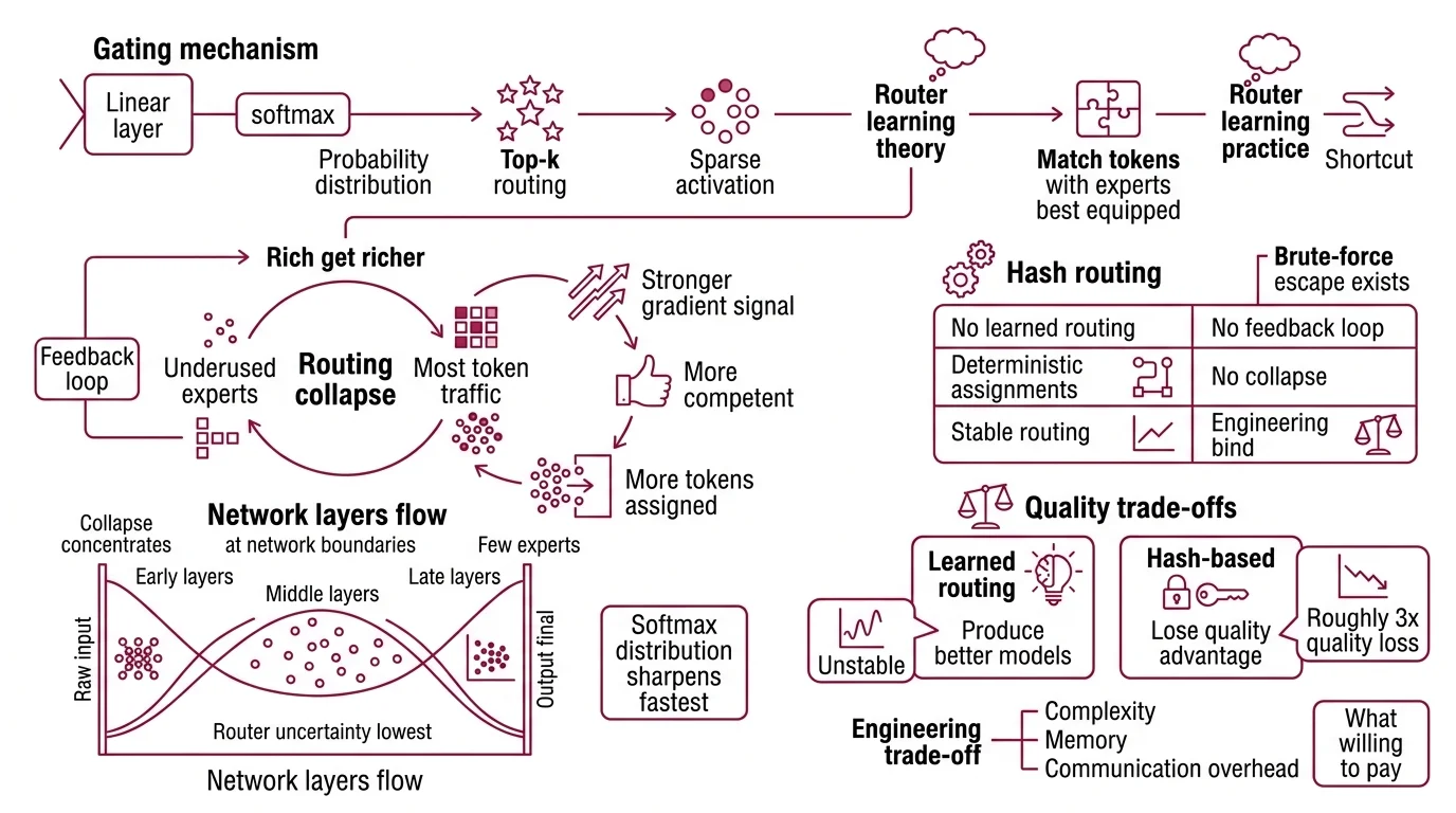 Diagram showing the three engineering taxes of MoE: load balancing loss tradeoff, all-to-all communication overhead, and memory versus compute gap with parameter counts from current models