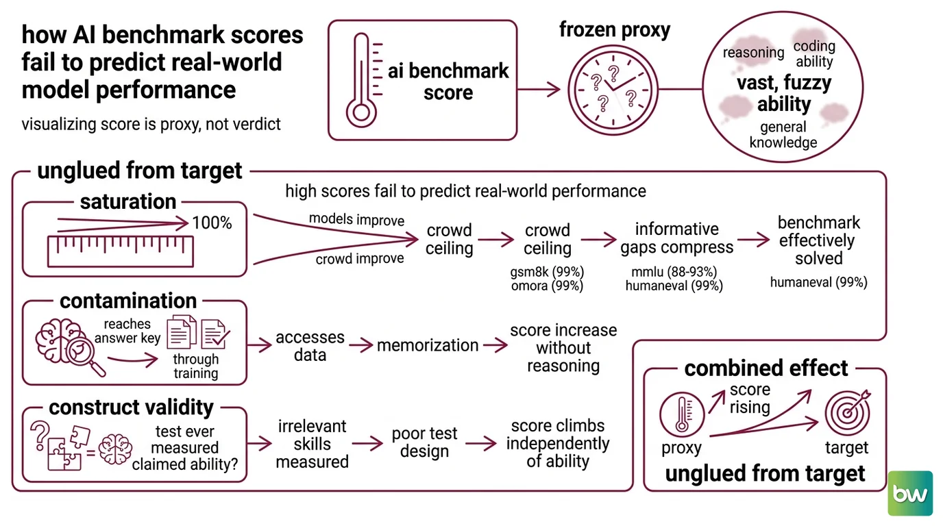Diagram of three benchmark failure modes: saturation ceiling, training-data contamination, and construct validity mismatch