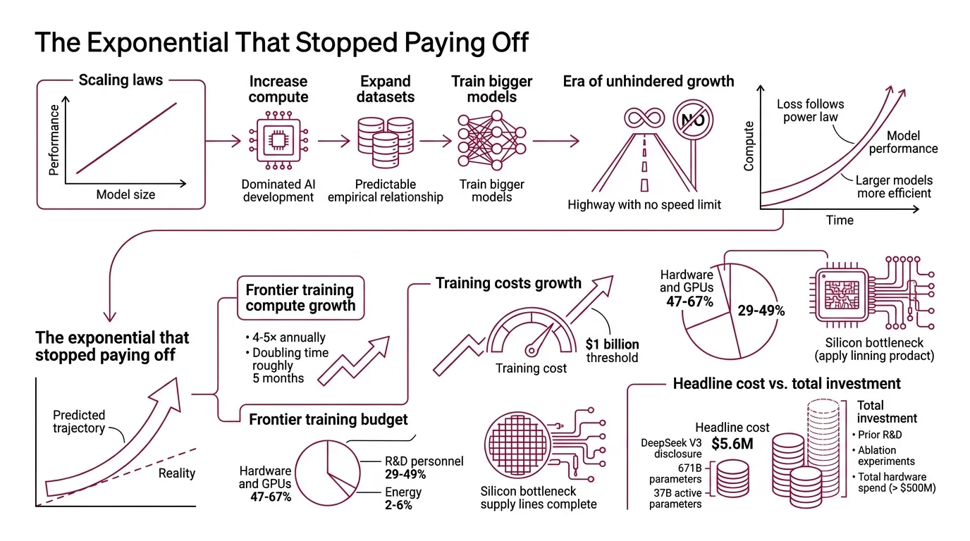 Diagram showing three converging scaling walls: exponential compute cost, finite data stock ceiling, and flattening performance returns from pre-training