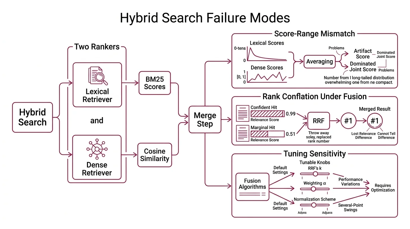 Two-panel diagram: left shows BM25 unbounded long-tail distribution next to bounded cosine distribution; right shows two fusion methods with their failure modes — RRF discarding score magnitude, score-based fusion compressed by a single outlier