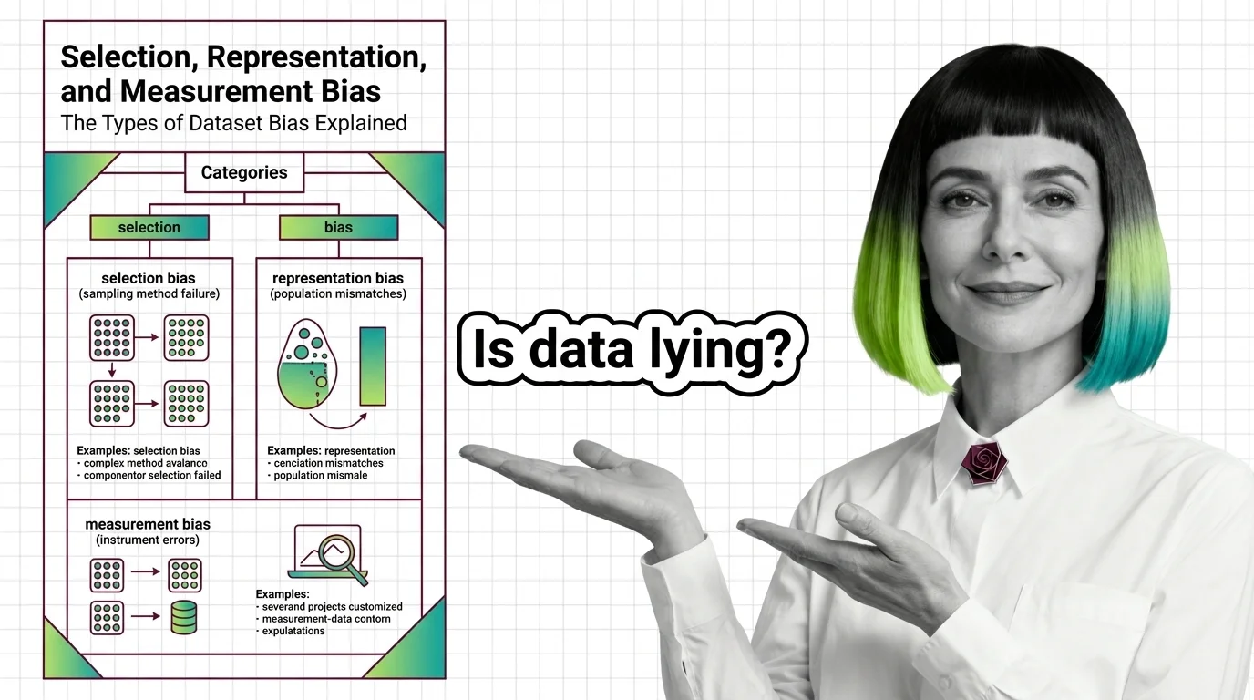 The three types of dataset bias mapped to the sampling, coverage, and labeling stages of a machine learning pipeline