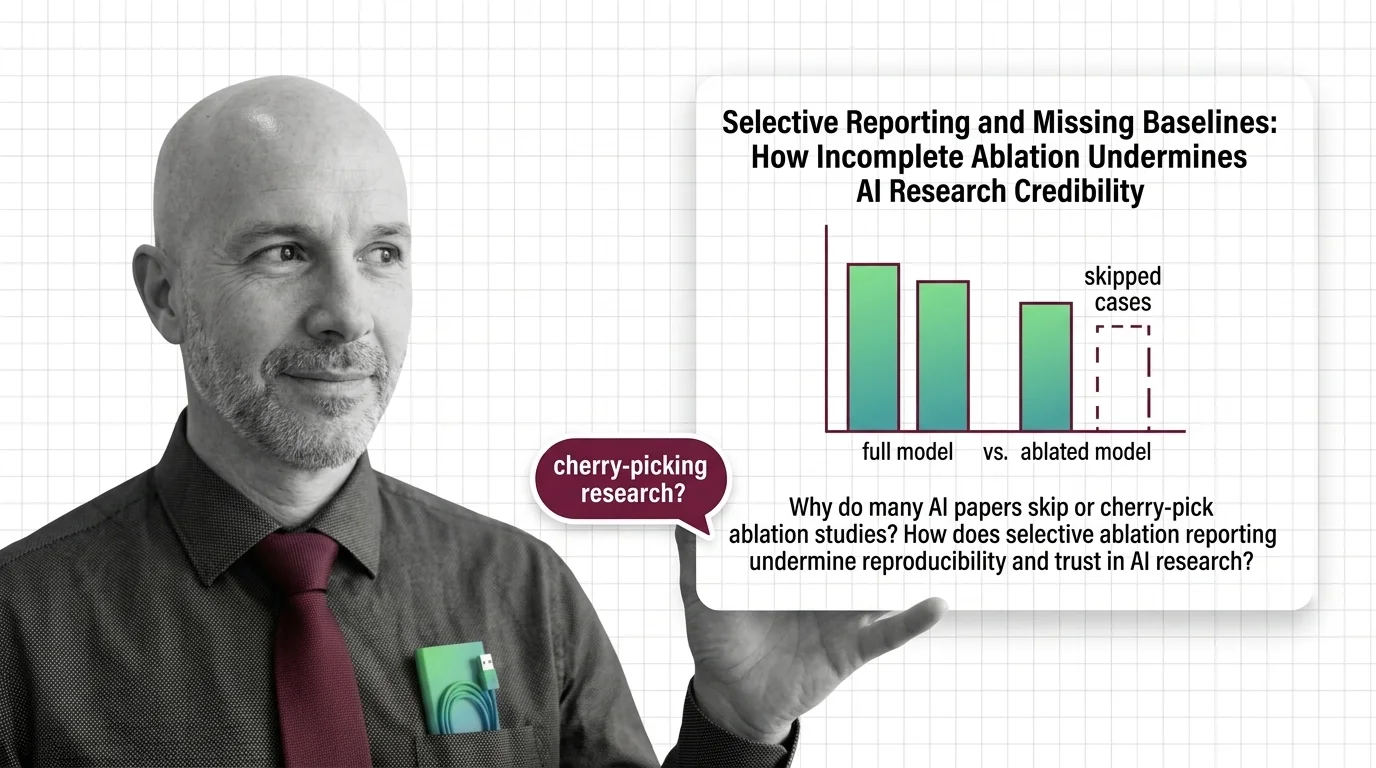Red glasses resting on a half-erased research table symbolizing incomplete ablation reporting in AI