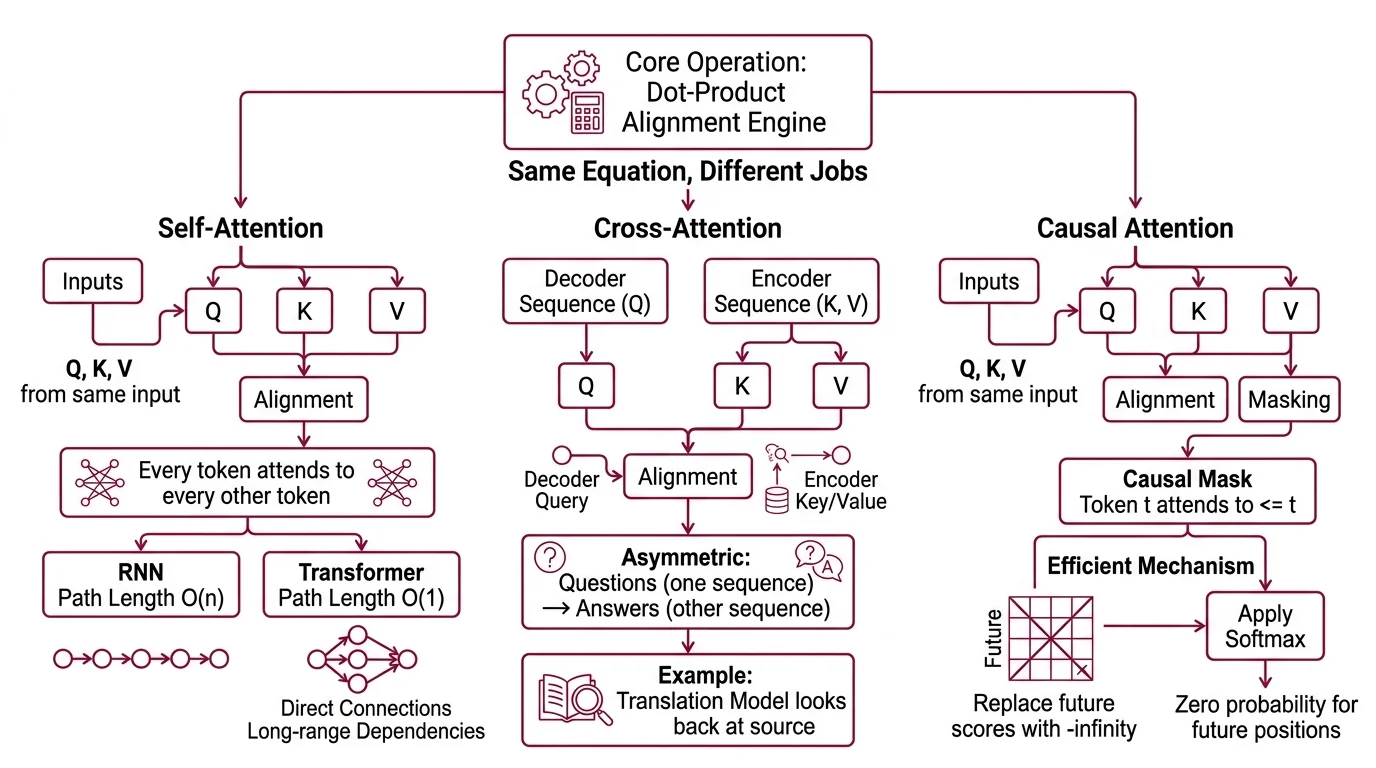 Diagram showing self-attention, cross-attention, and causal masking wiring configurations alongside the quadratic scaling curve