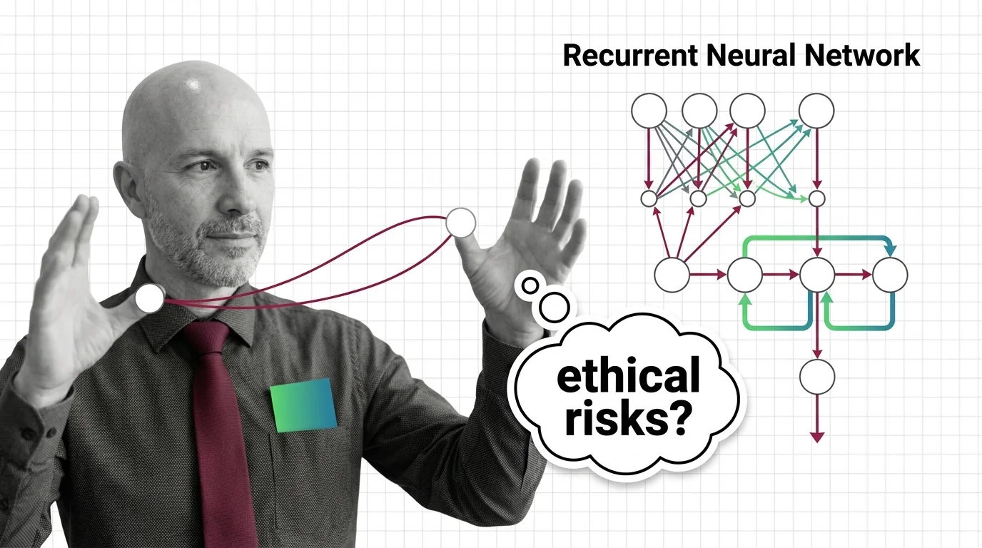 Human figure standing before opaque recurrent network memory layers with justice scales dissolving into hidden state data