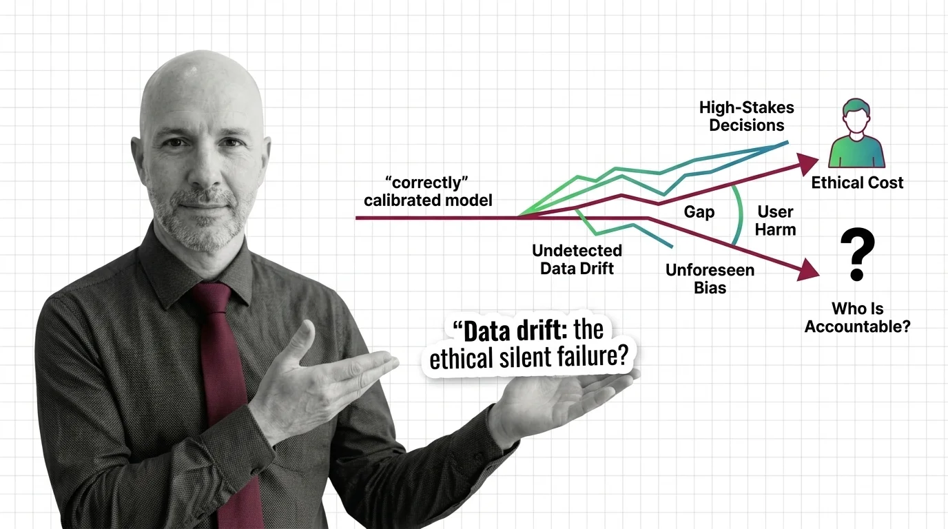 An AI model silently degrading from data drift while accountability for user harm slips through institutional cracks