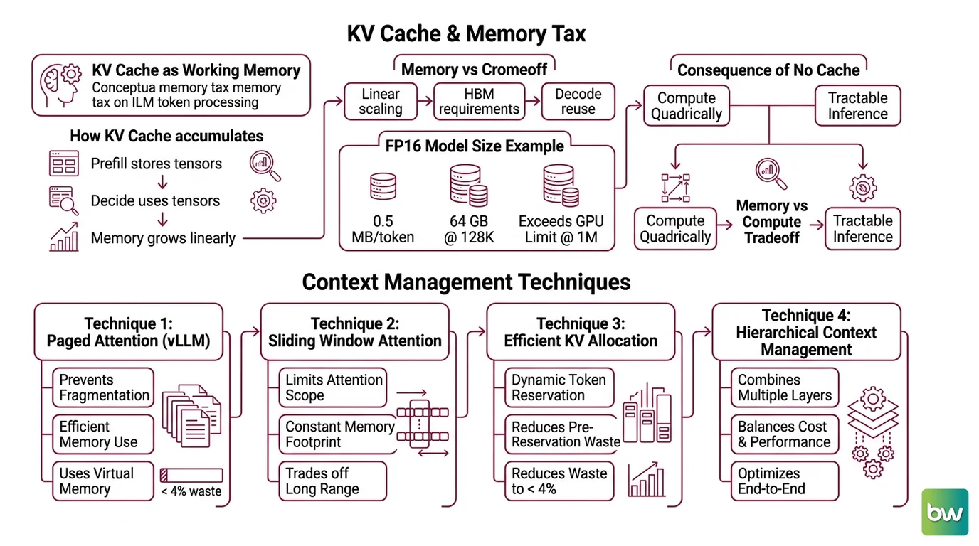 Three-panel diagram comparing sliding window attention local window computation, prompt caching prefix reuse, and Hot-Warm-Cold hierarchical memory for production LLM context management