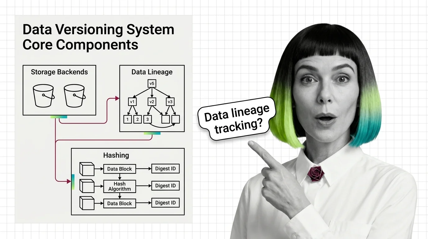Diagram of a data versioning system's three core parts: content hashing, a storage backend, and data lineage tracking