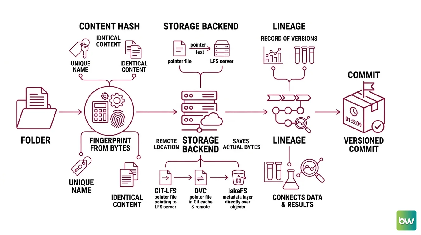 The three components of a data versioning system: a content hash fingerprinting bytes, a storage backend holding objects, and a lineage graph linking data to models
