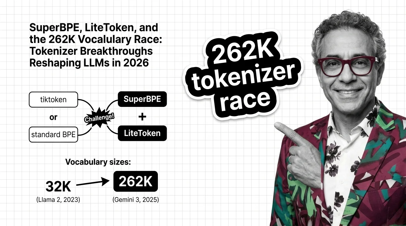 Expanding tokenizer vocabularies racing across a digital grid from 32K to 262K tokens