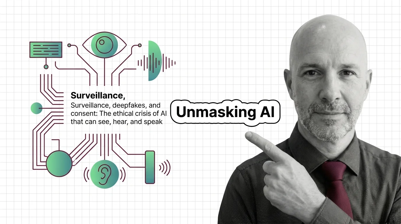 Overlapping faces and synthetic audio waveforms evoke the consent crisis of multimodal AI surveillance and deepfakes