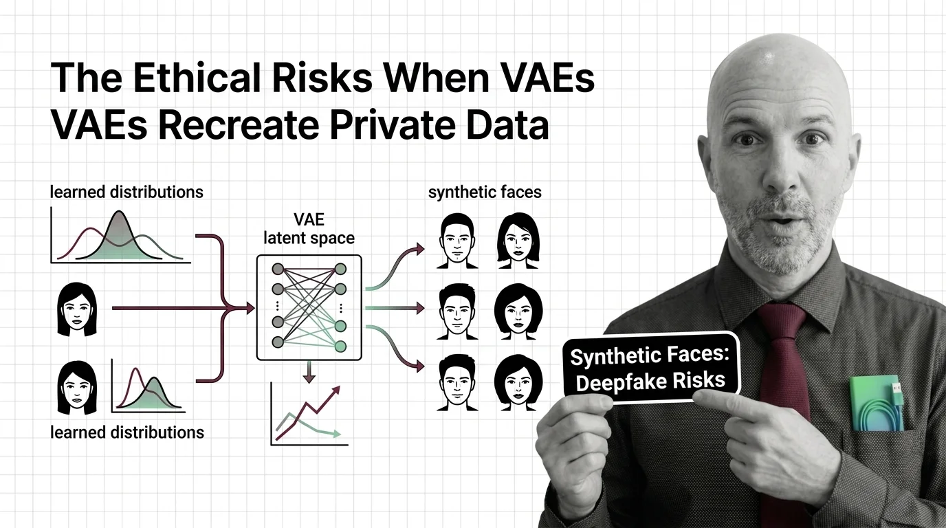 Face fragmenting into mathematical distributions, symbolizing privacy erosion through generative models