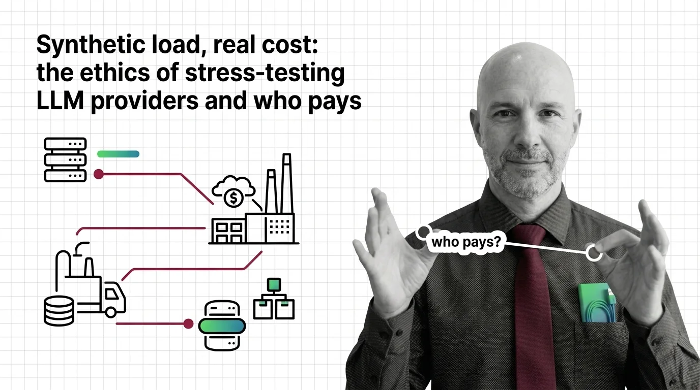 Energy meters and shared cloud server racks illustrating the hidden infrastructure costs of LLM API load testing