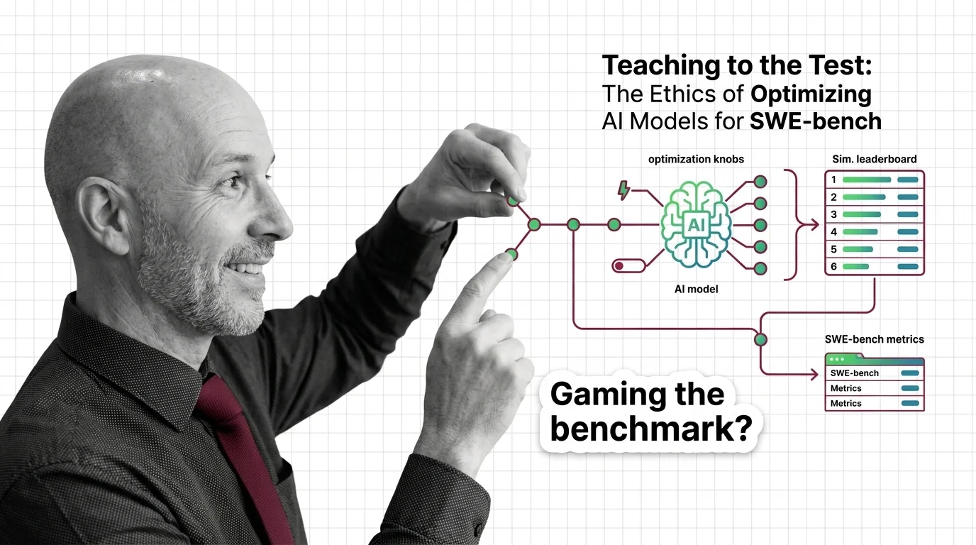 Abstract scales of justice balanced between code fragments and a benchmark leaderboard, representing AI evaluation ethics