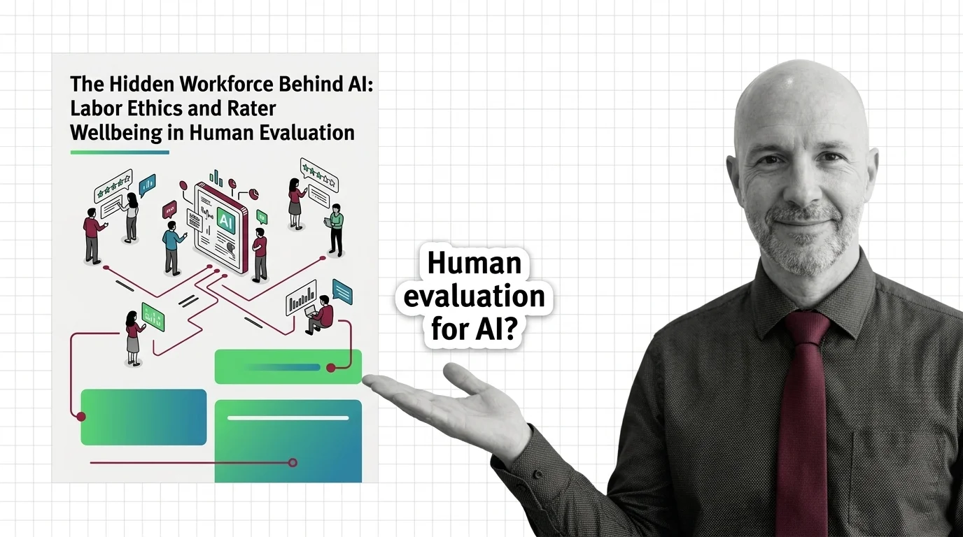 Data labeler reviewing AI content at a screen, annotation tags floating around, representing the invisible human workforce.